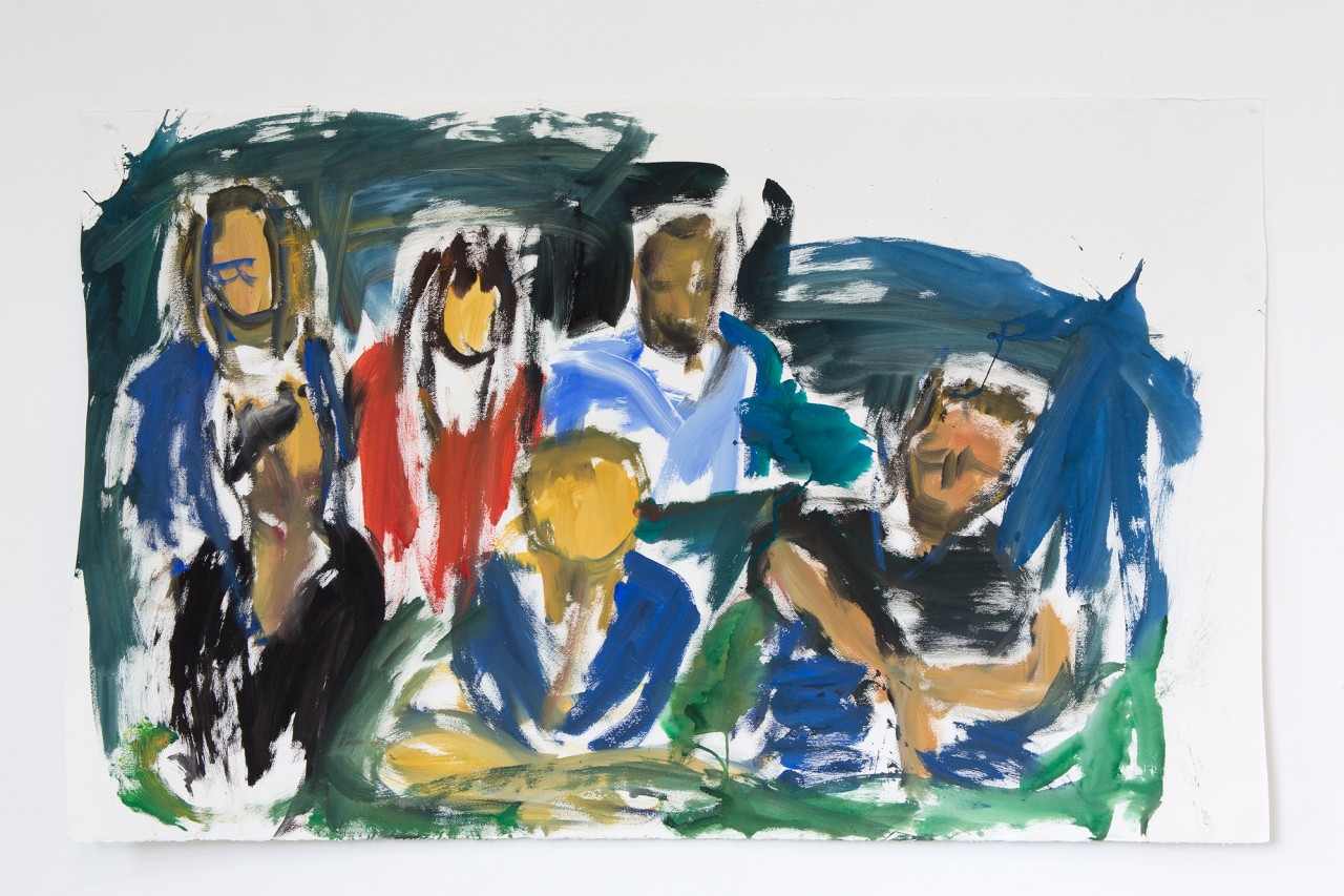 Damien Cabanes, Aubépine, Marouchka, Lucas, Anne, Perle et Nicolas sur fond bleu, 2016