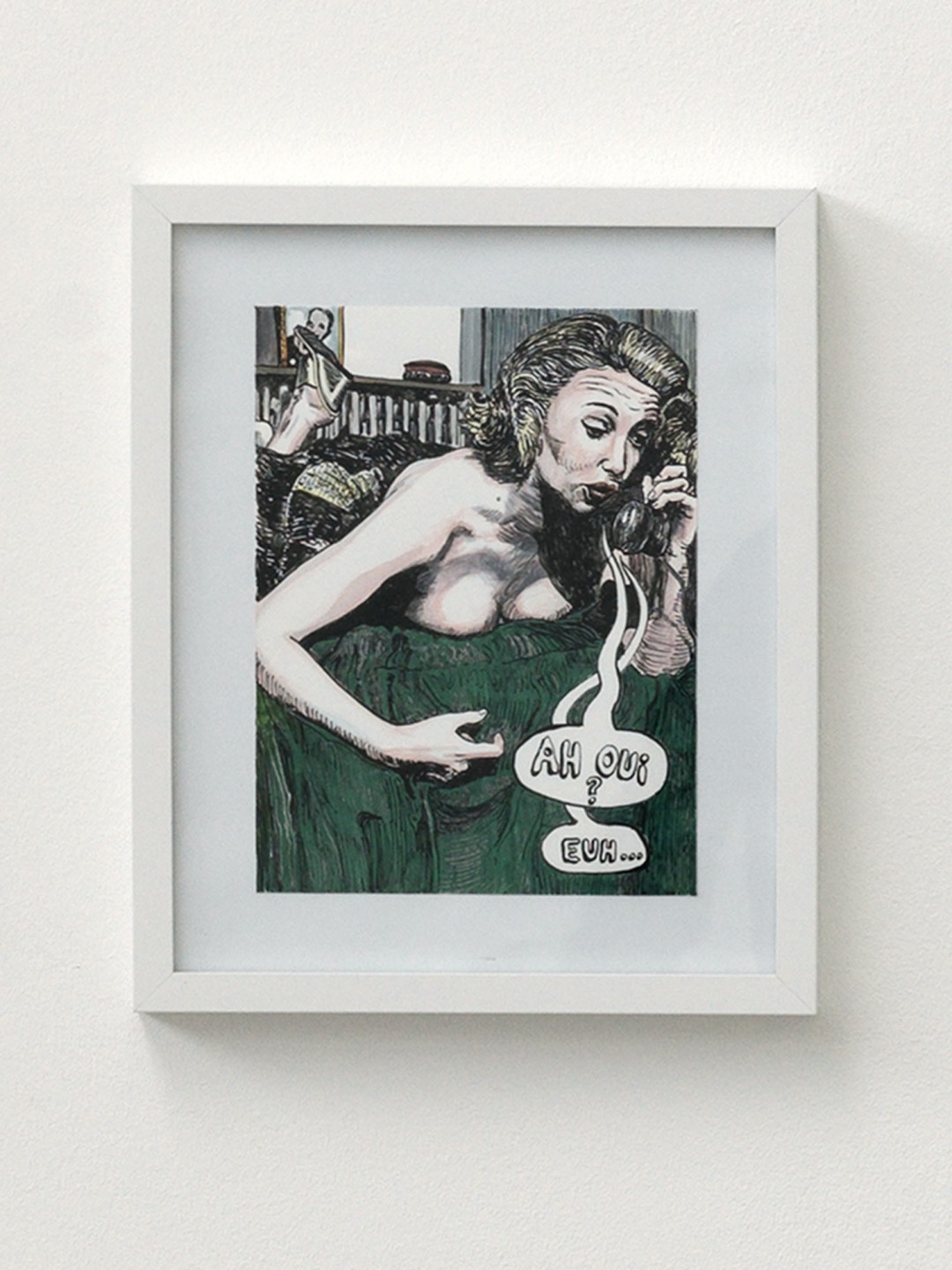 Peinture à l'encre de Chine et feutre sur carton représentant une femme au téléphone allongée sur son lit