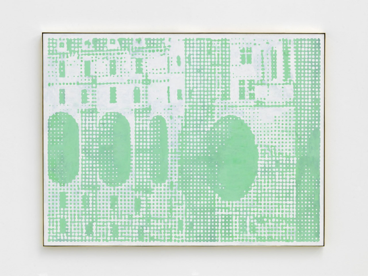 Peinture à la gouache sur carton, représentant un paysage d'un village se reflétant dans l'eau, en pixels verts.