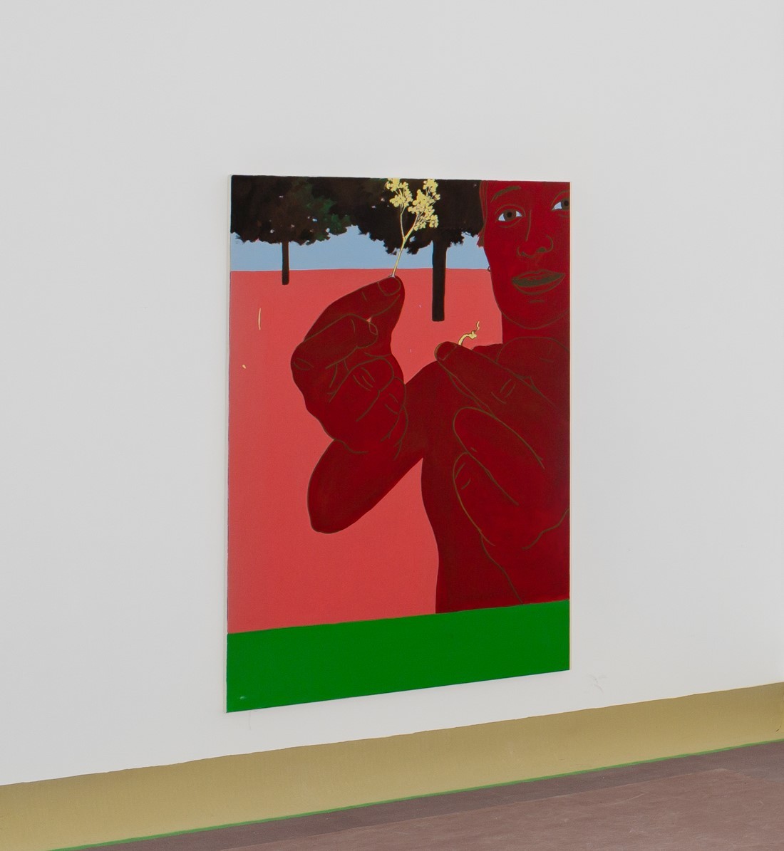 L'oeuvre est une peinture acrylique sur toile de coton de 160 centimètres de haut pour 110 centitmètres de large. On y voit une personne nous montrant des plantes.