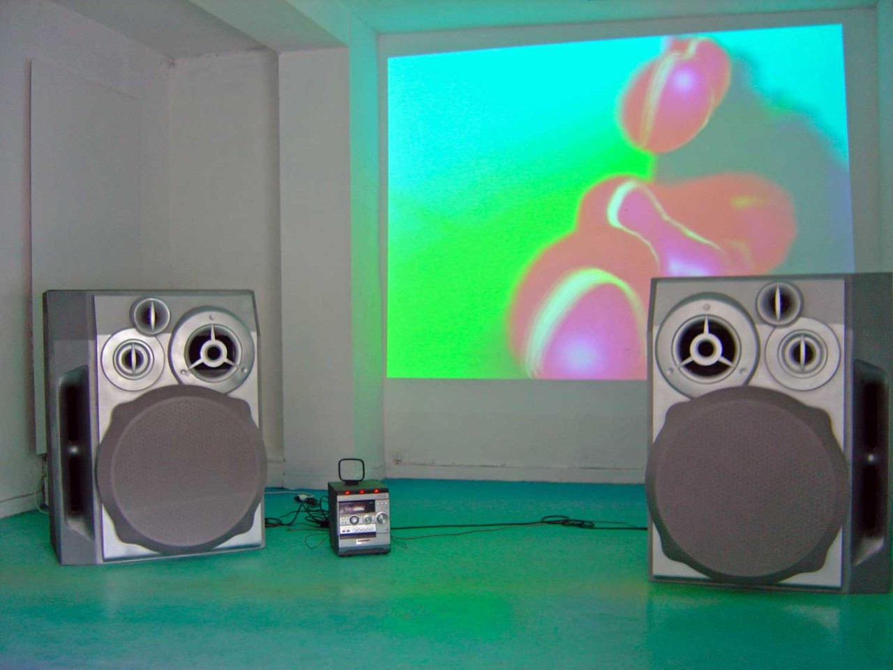 View of the exhibition: two speakers and a projected video