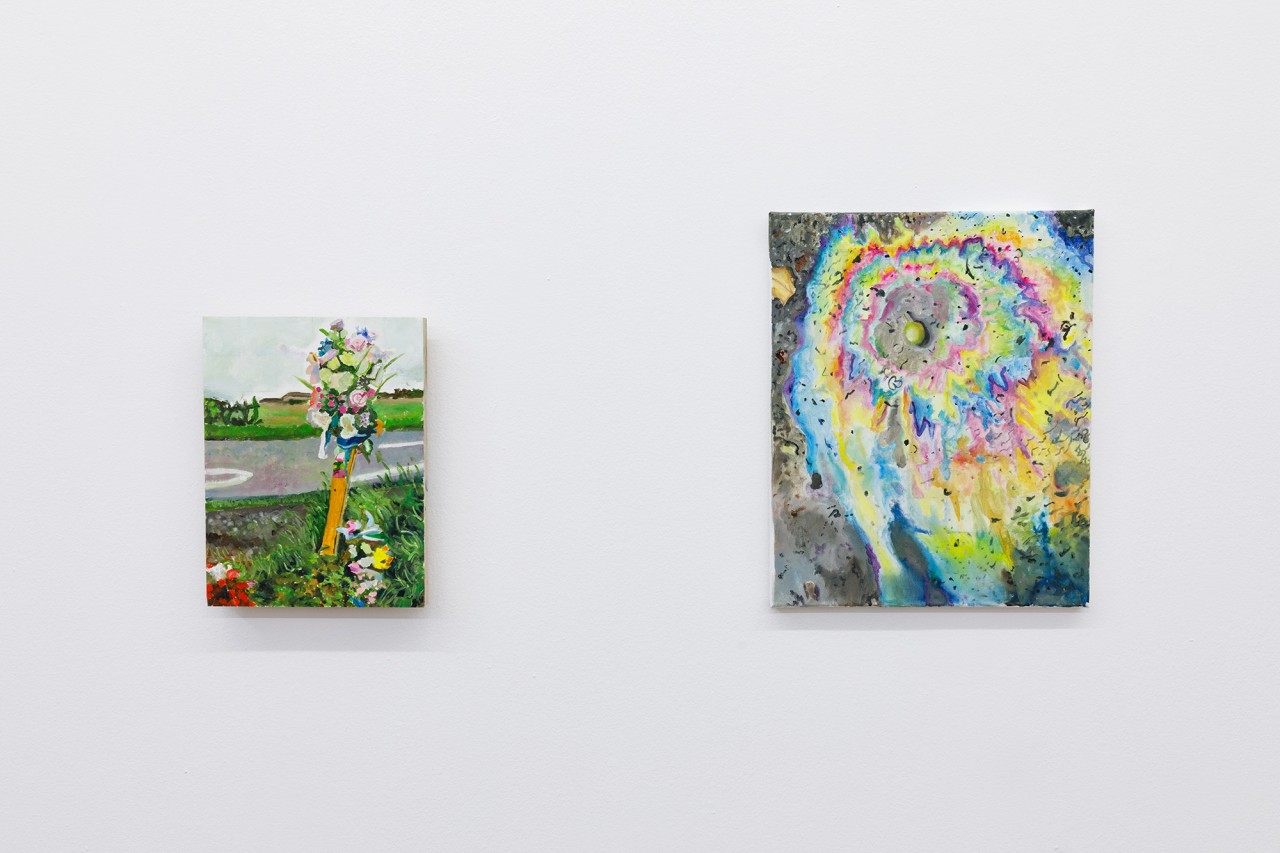 Peinture représentant des fleurs en bord de route