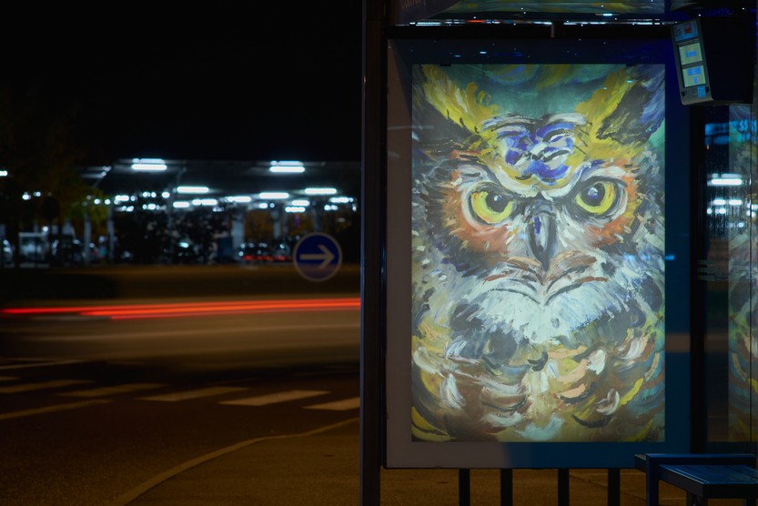 Vue d'une affiche représentant un hibou dans un abribus, de nuit à côté de la gare routière