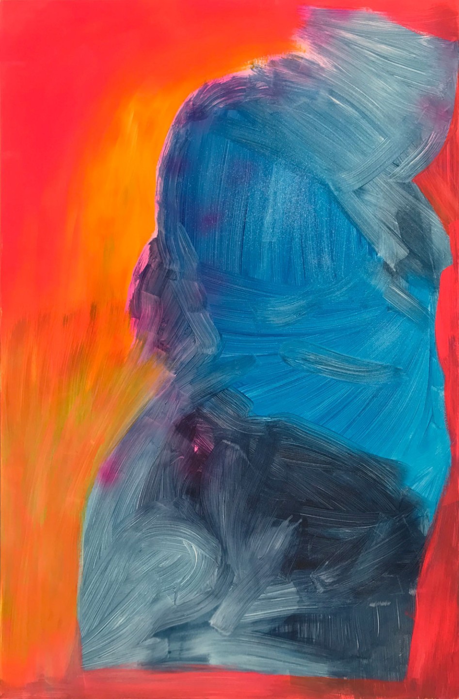 L'oeuvre est une acrylique sur carton de 120 centimètres de haut pour 80 centimètres de large. Nous y voyons une forme coposée de différentes nuances de bleu sur un fond composé de plusieurs nuances de rouges.