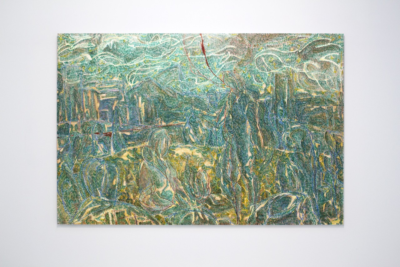Cette peinture dévoile un moment immémorial et fondateur : deux figures communiquent une expérience pour la première fois. On pourrait parler de transmission orale mais il est surtout question ici de l’invention d’une nouvelle réalité.