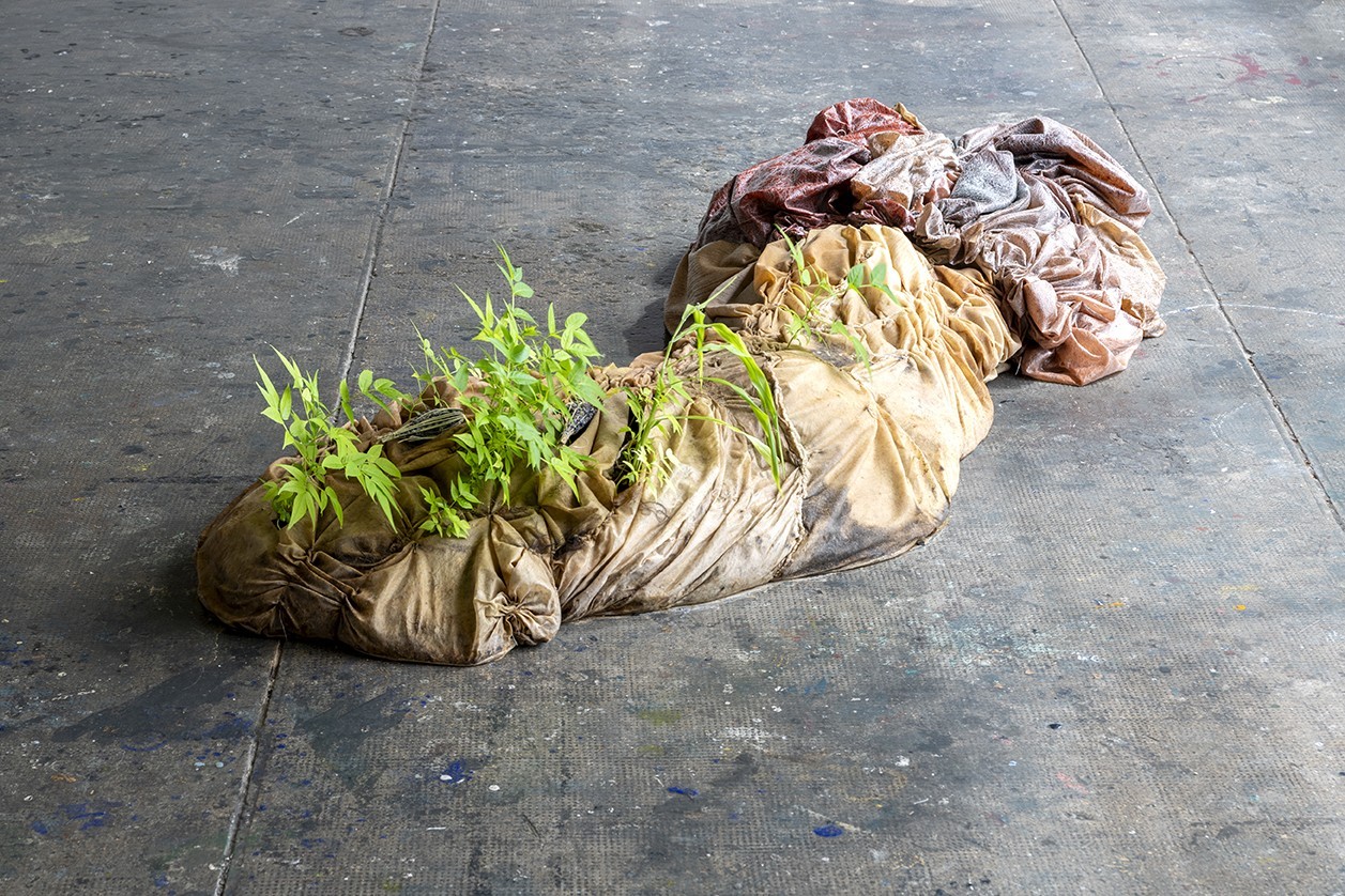 Sculpture en latex d'où émergent des plantes au fil de l'exposition, évoquant un corps en décomposition qui serait le terreau d'une renaissance