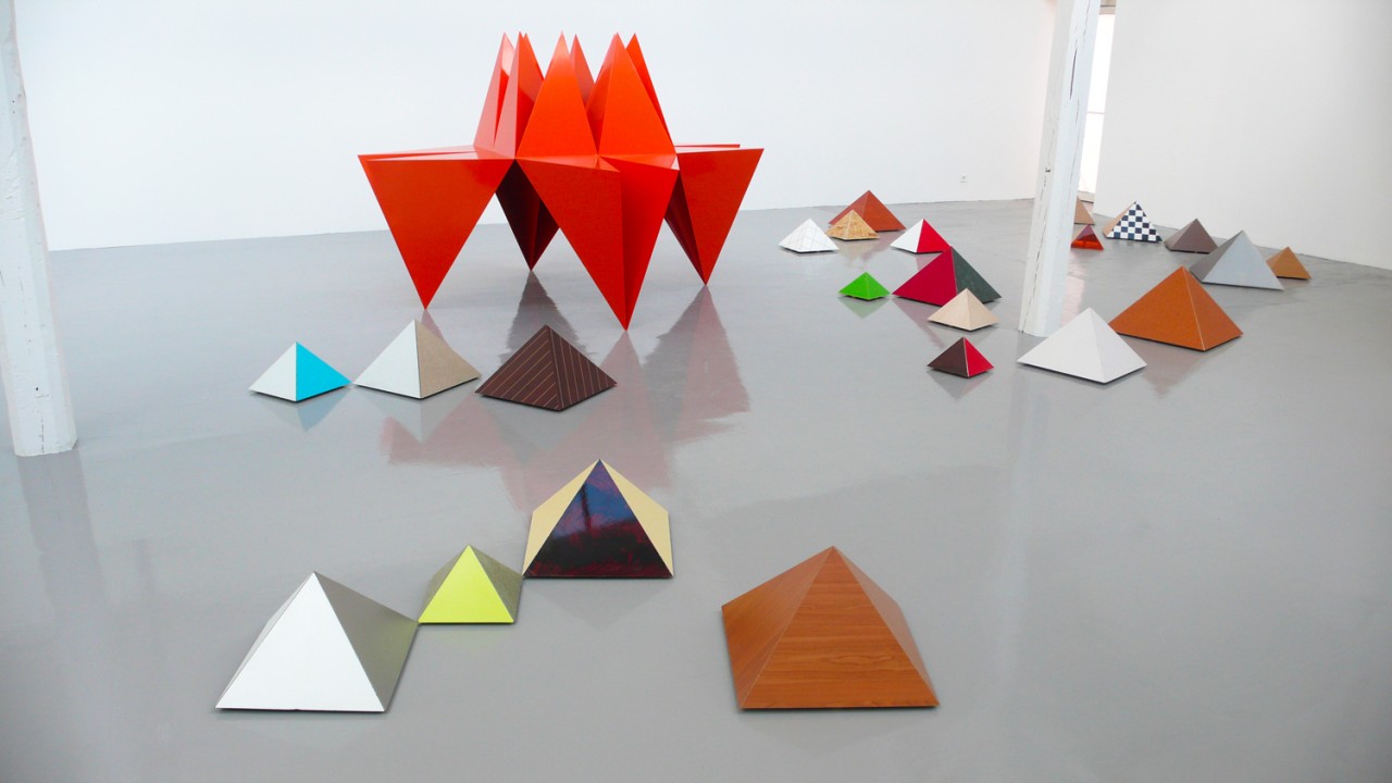 Geometric, triangular, colorful sculptures