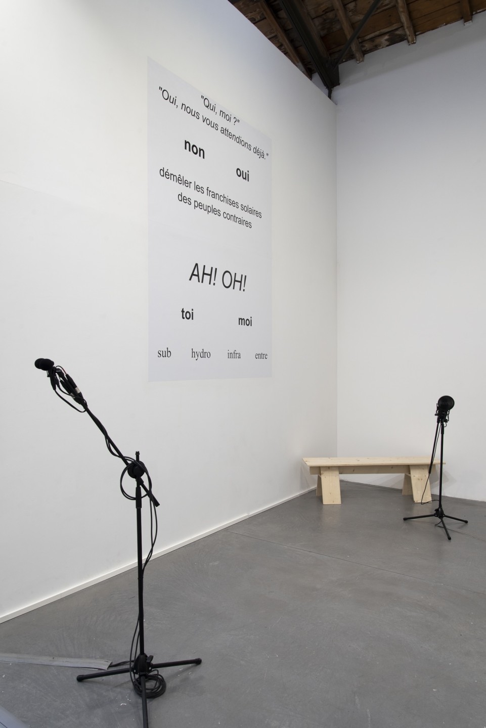 Texte poétique au mur proposé comme une partition à activer avec sa voix
