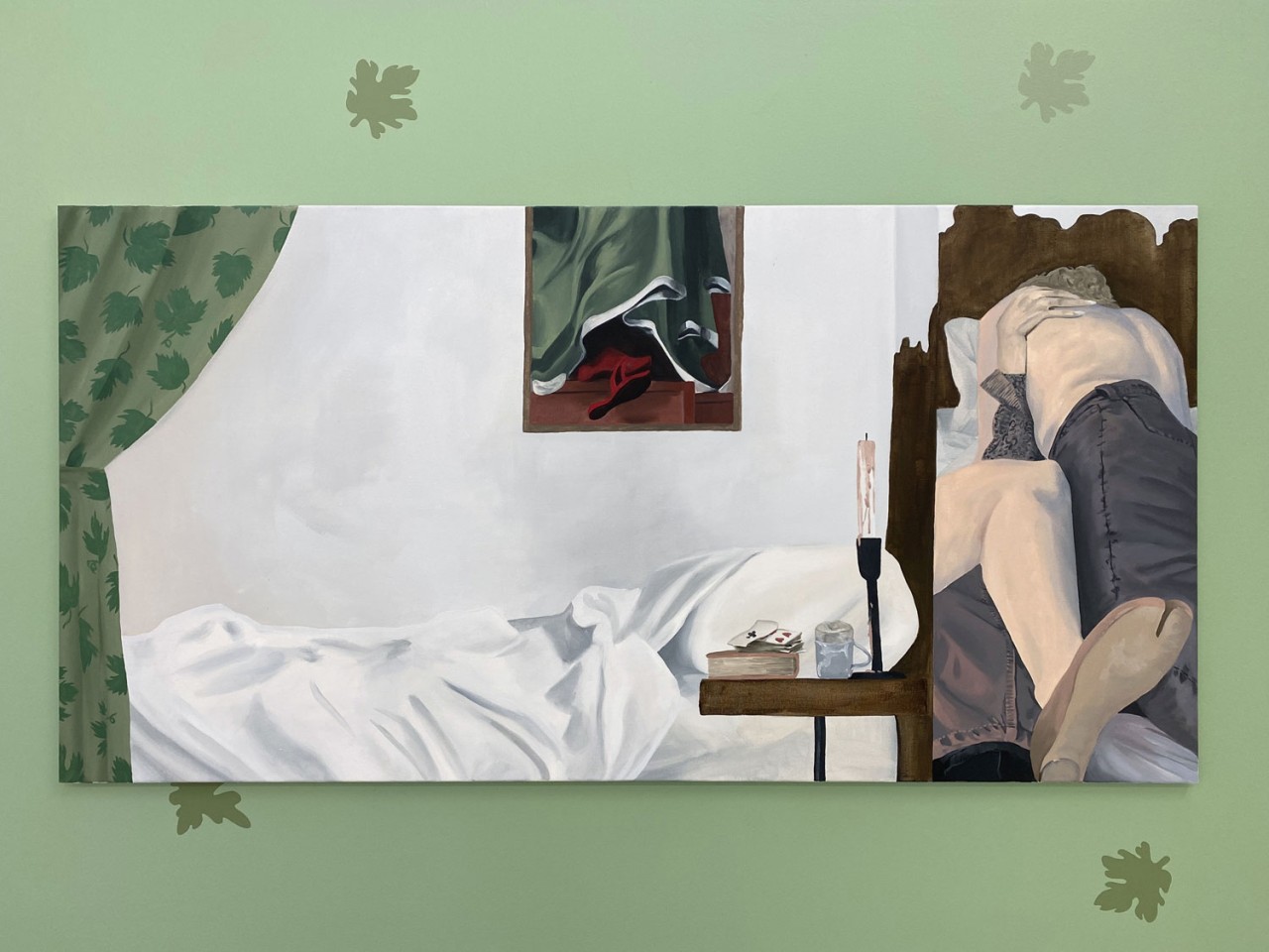 L'oeuvre est une acrylique sur toile de 75 centimètres de haut pour 150 centimètres de largeur. On y voit une chambre, avec deux personnes, de dos et sur un lit, en hébat.